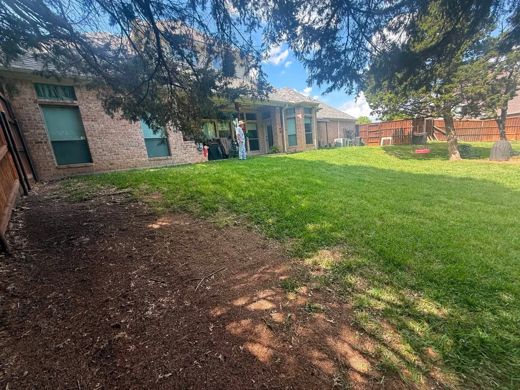 Residential backyard with new sod lawn, brick home, mature trees, and wood privacy fencing