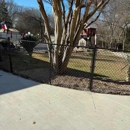 Black chain link fence with gate around residential yard with mature tree