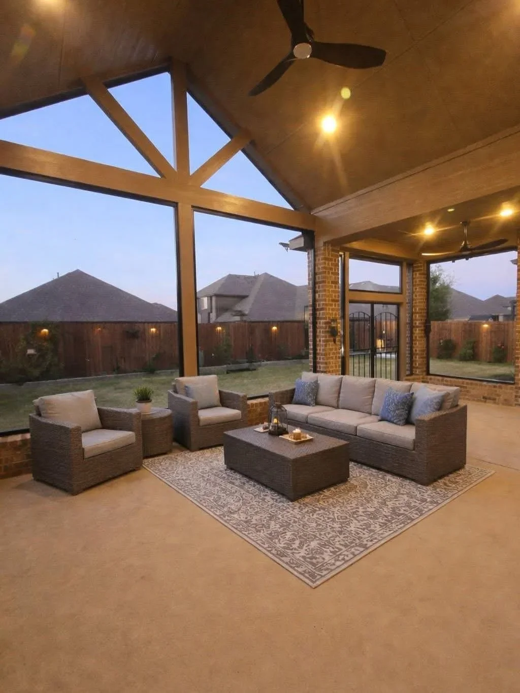 Covered patio with wood beams, skylights, concrete floor, and wicker furniture