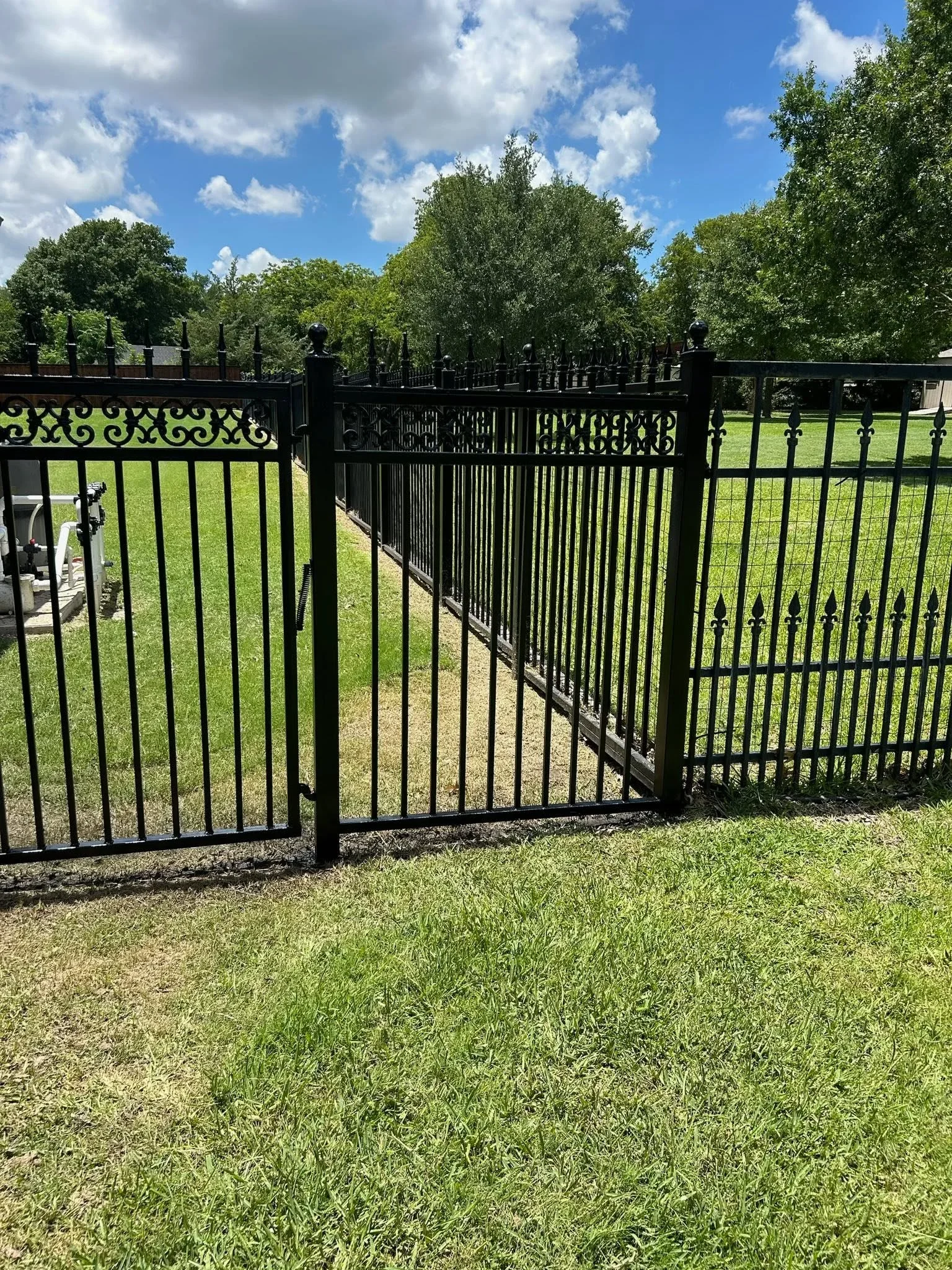 Black ornamental steel fence with decorative caps and vertical pickets, matching gate with hardware