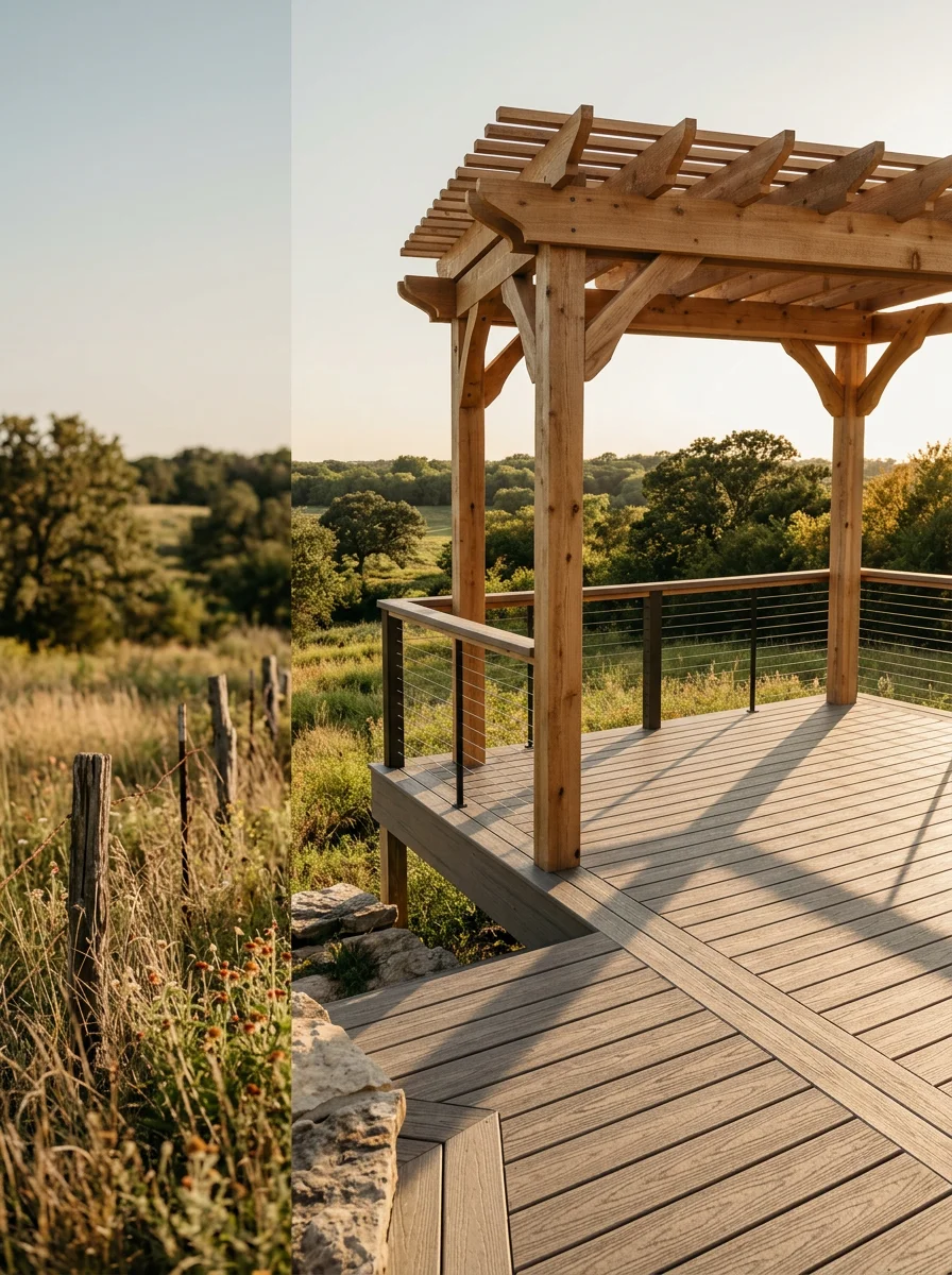 Composite deck with pergola in Alvarado backyard overlooking Johnson County landscape