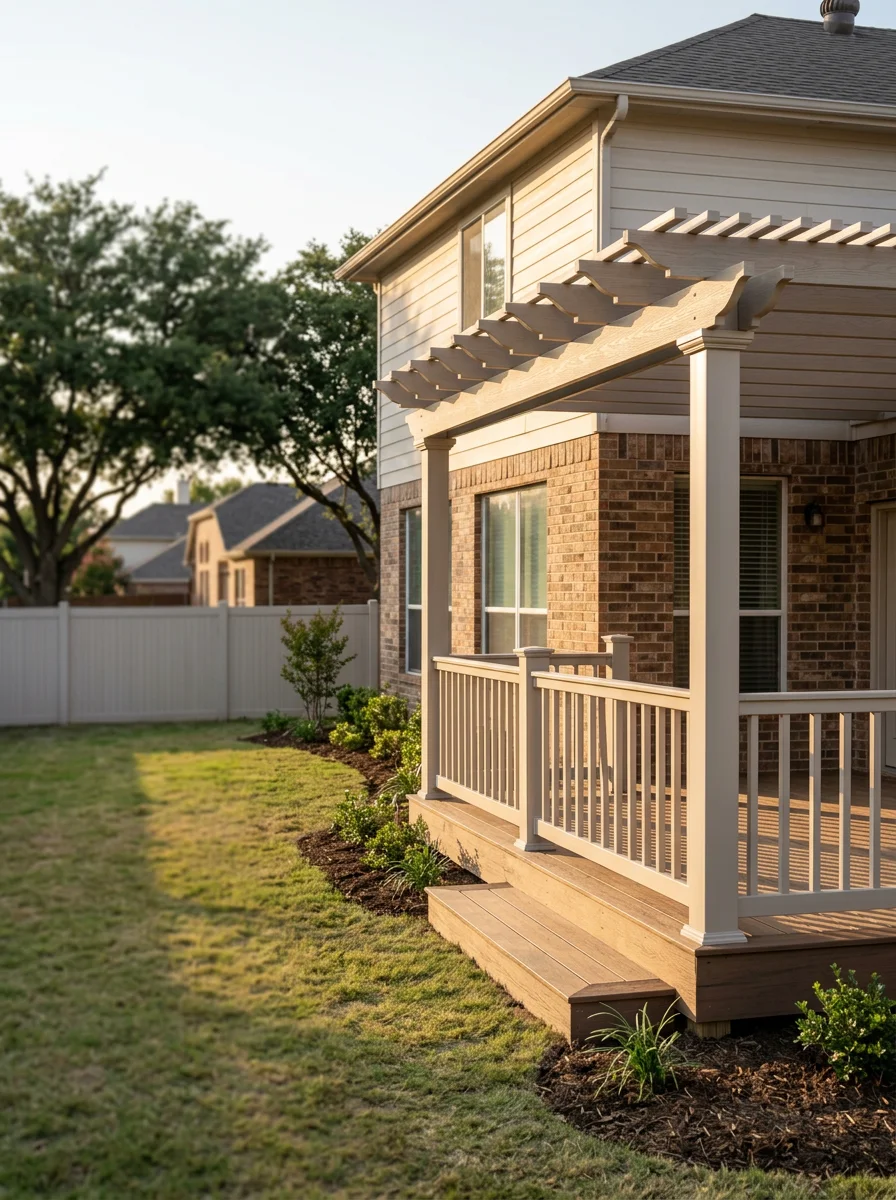 Composite deck and pergola built onto the back of a two-story home in a newer Arlington, TX subdivision near Mansfield, with a vinyl fence running along the property line.