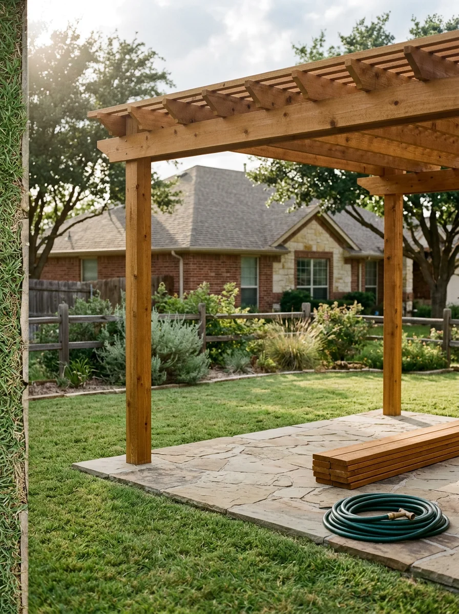 Cedar pergola over a patio in a North Texas residential yard