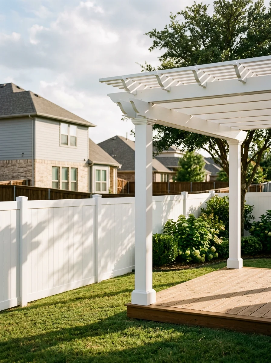 Vinyl fence and pergola installed in the backyard of a newer two-story home in a Burleson, TX HOA subdivision along the SH-174 corridor.