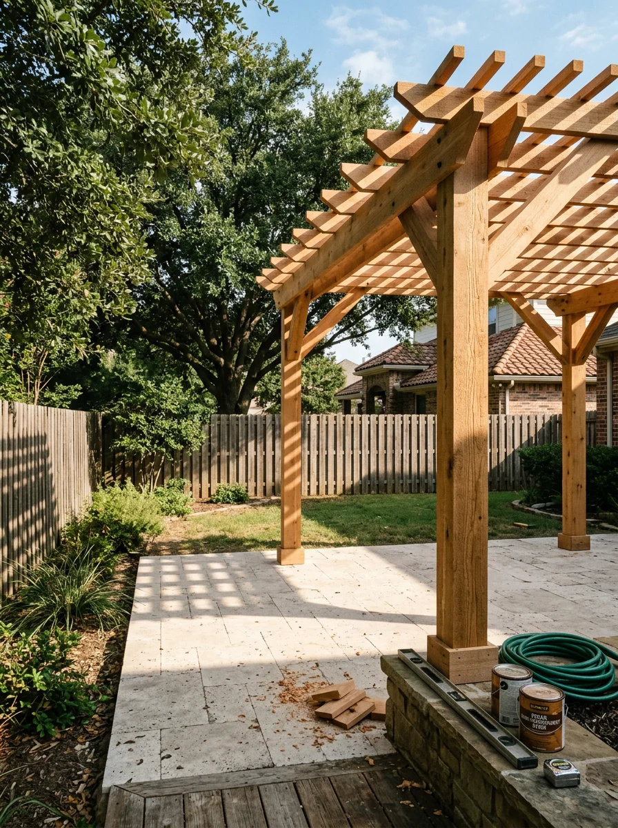Pergola over a backyard patio in Carrollton, TX