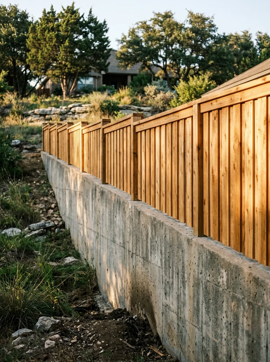 Concrete retaining wall built into a grade change on a Cedar Hill, TX residential lot, with a new cedar fence running along the top.