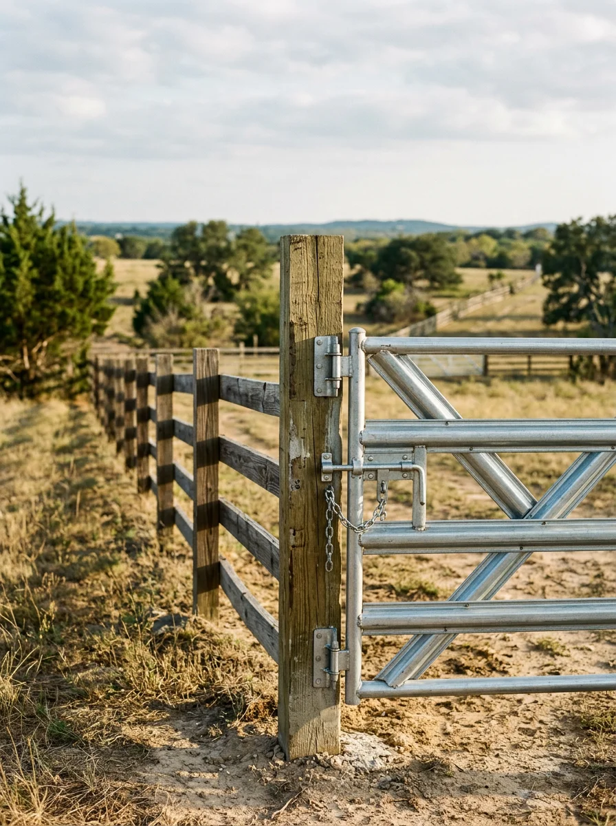 Pipe fence with a swing gate installed along the perimeter of a rural acreage property near Cleburne, TX, with open pasture and cedar trees in the background.