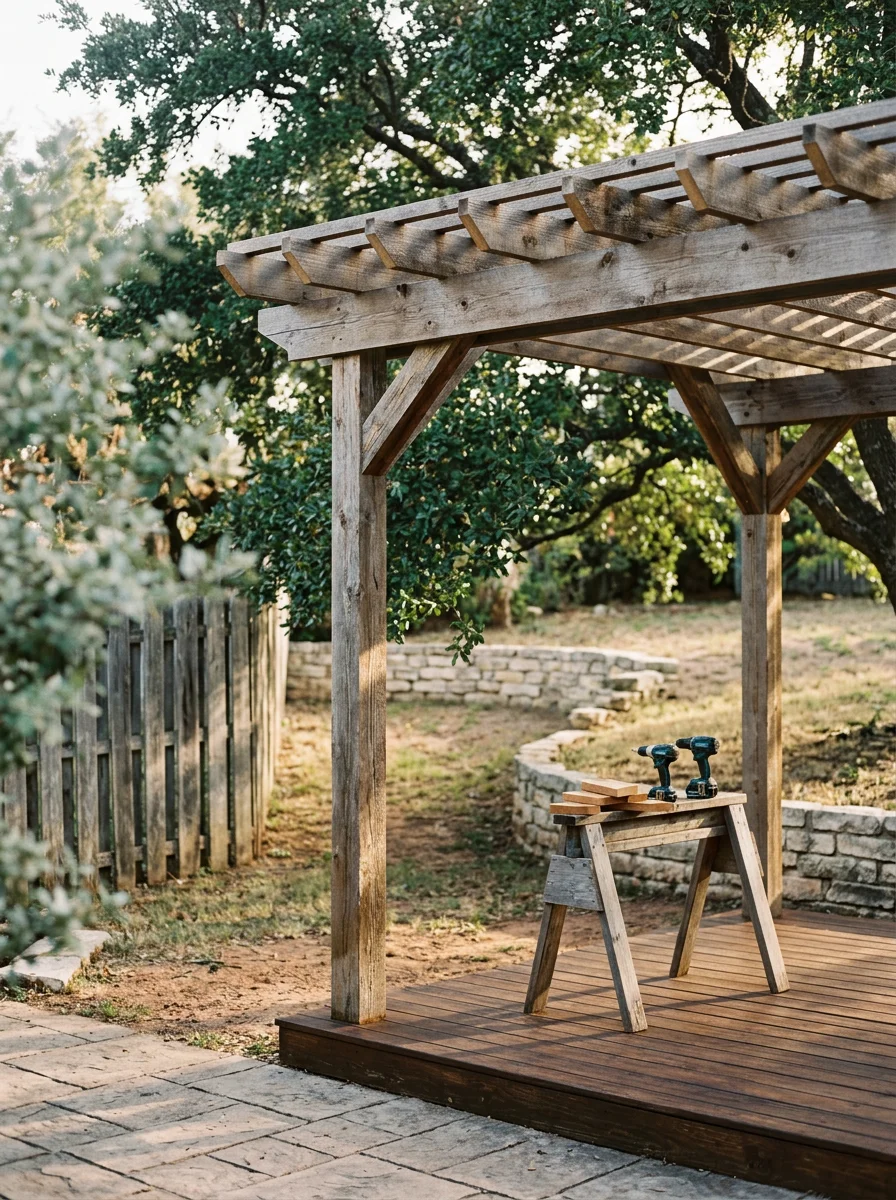Cedar pergola covering a backyard patio in DeSoto, Texas