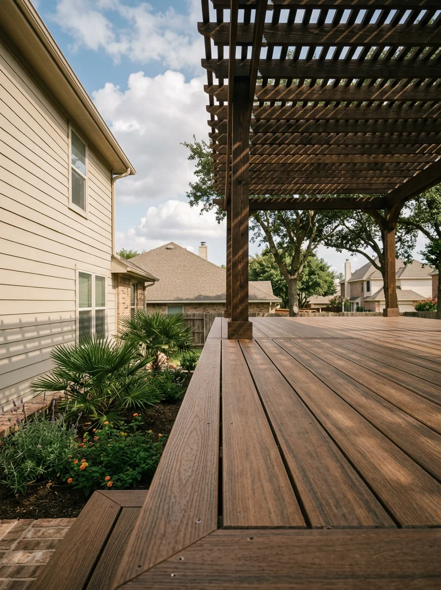 Composite deck with pergola attached to home in Duncanville, showing weather-resistant materials