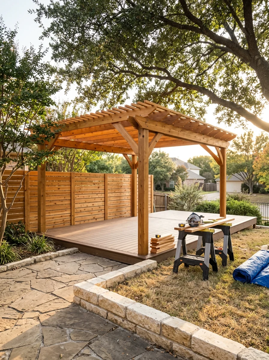 Wood pergola with stained rafters over a backyard patio in Euless, TX