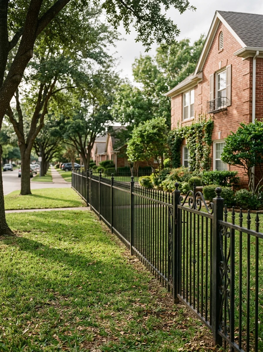 Wrought iron fence along the front yard of an established brick home in a northern Grand Prairie, TX neighborhood, with mature trees lining the street.