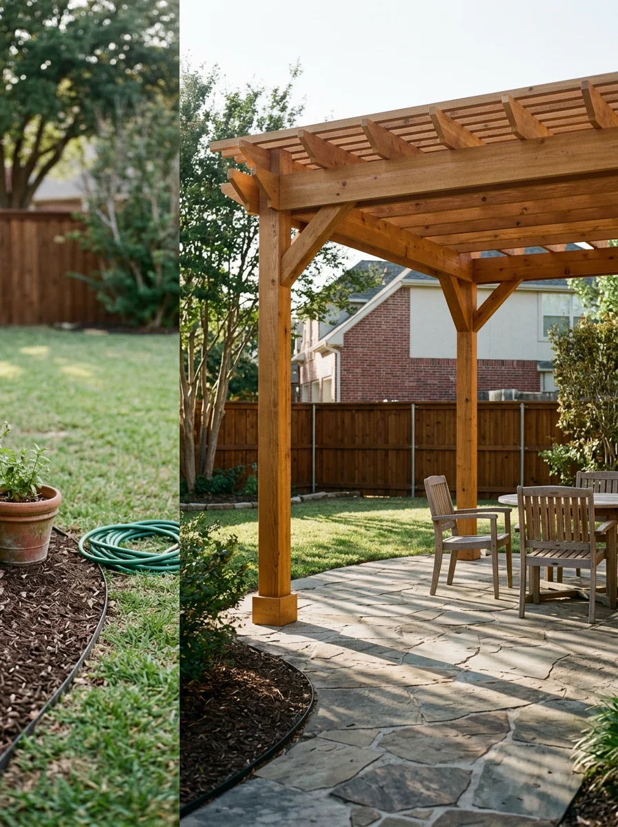 Cedar pergola over a patio in a Hurst, Texas home