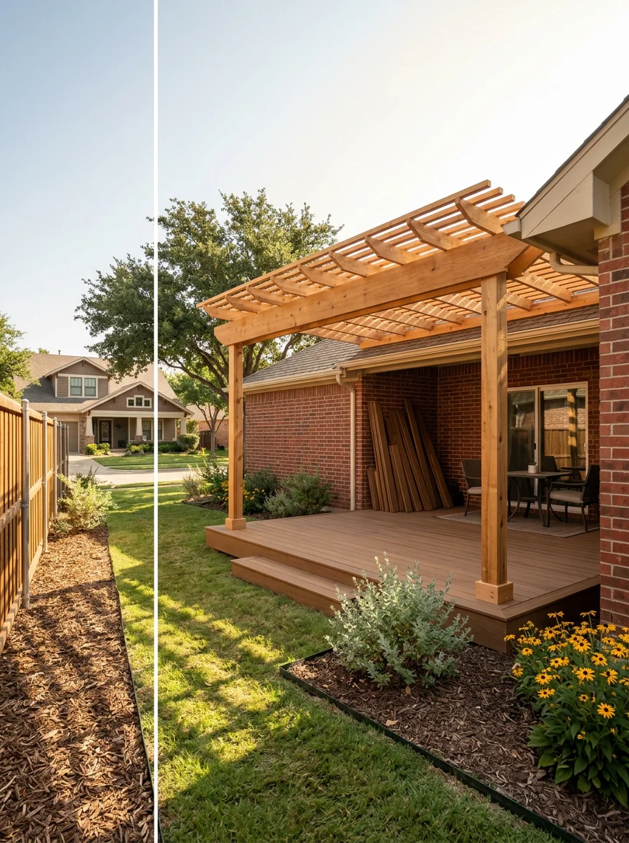Wood pergola and covered patio attached to a home in Irving, TX