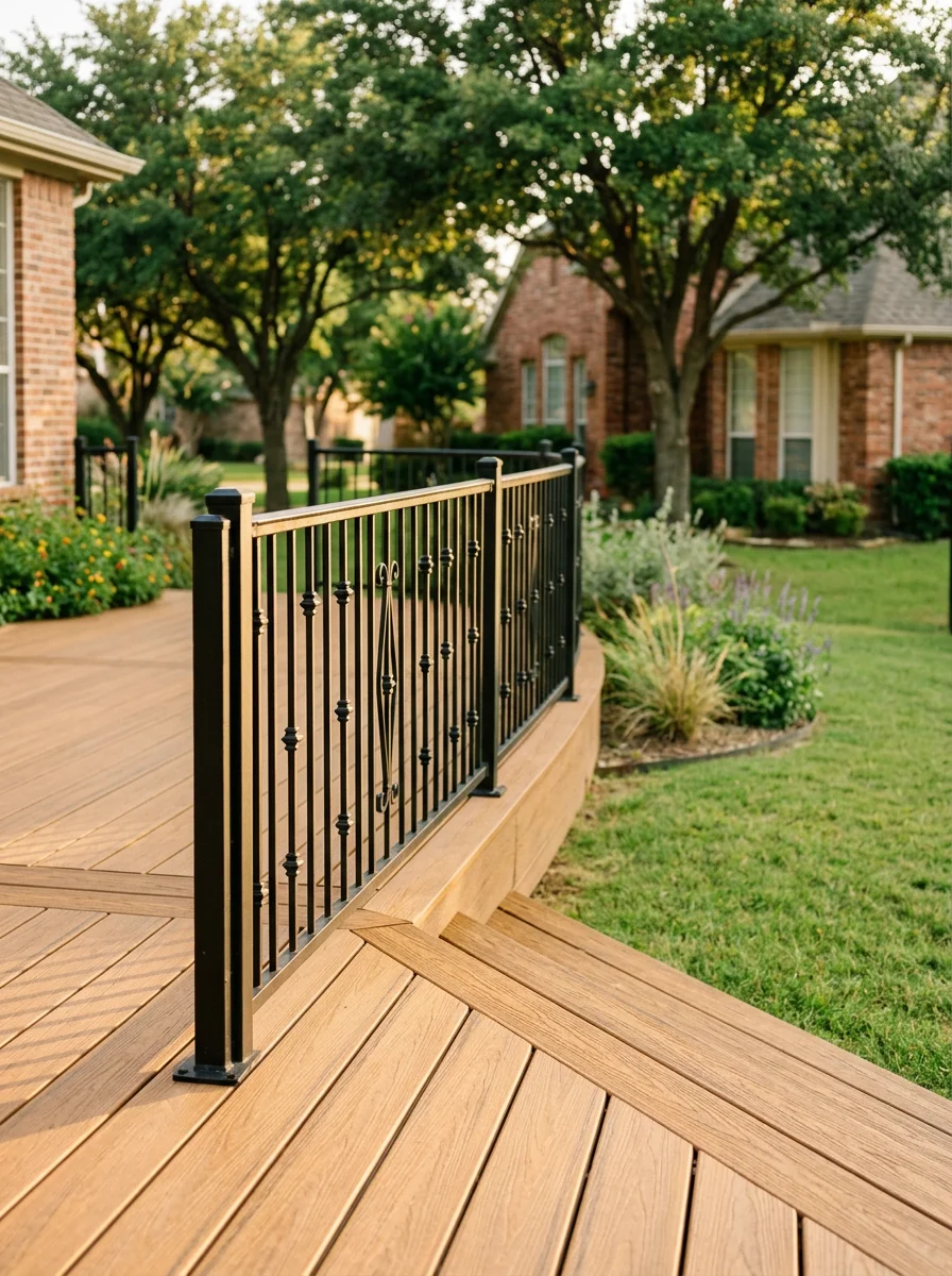 Composite deck with wrought iron railing overlooking landscaped yard in Lancaster