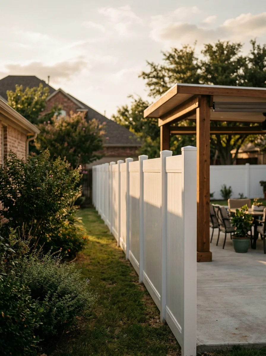 Pergola built over a concrete patio in a Mansfield, TX backyard, with a vinyl fence running along the property line behind it.
