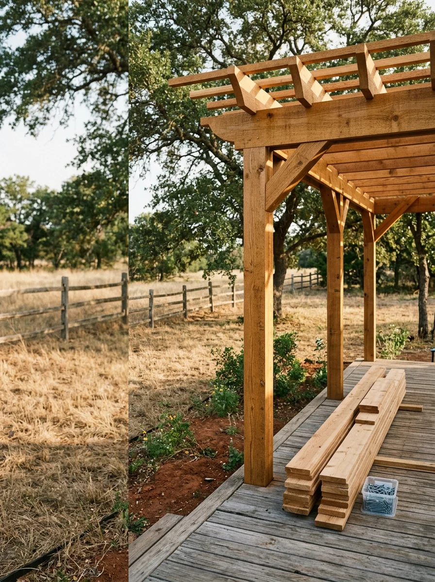 Cedar pergola over a backyard deck at a home in Maypearl, Texas