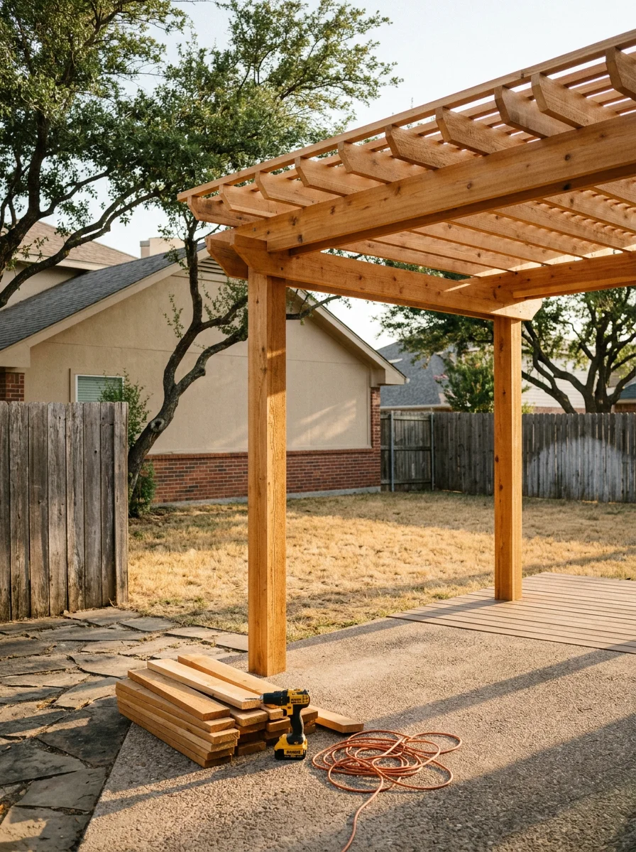 Cedar pergola over a patio in a Mesquite, Texas residential yard