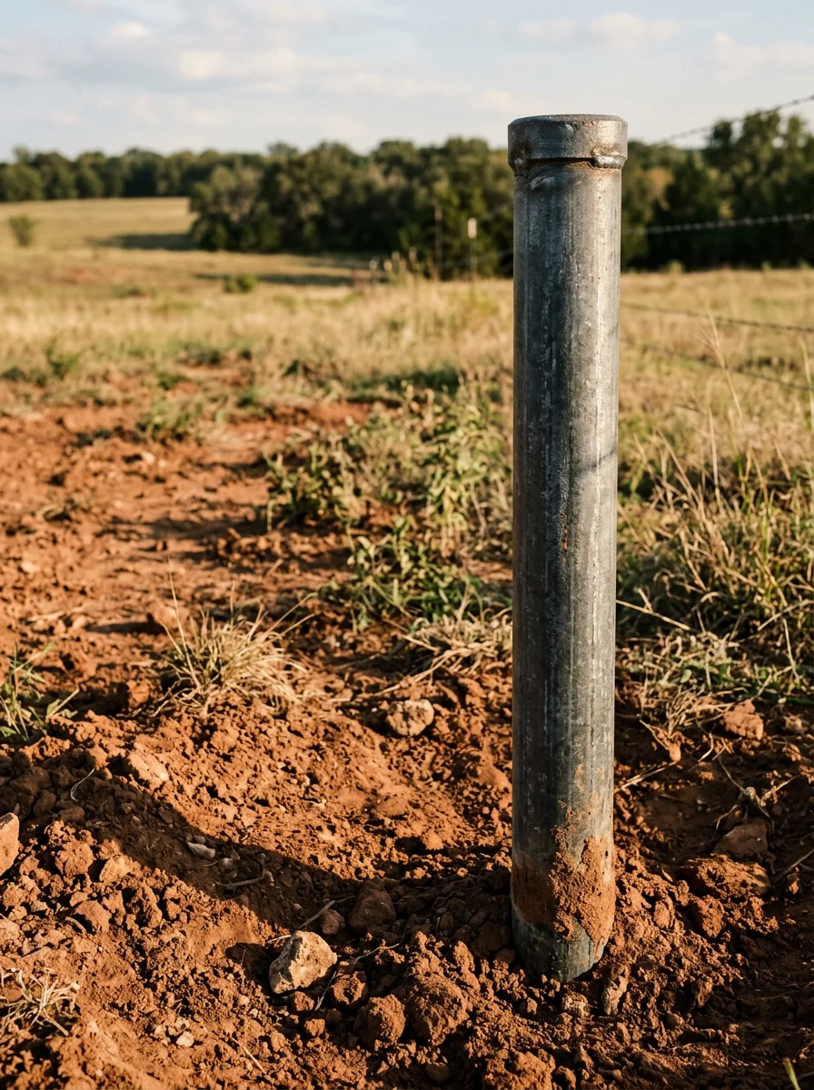 Close-up of a pipe fence post set in clay soil on a rural acreage property near Midlothian, TX, with open pasture behind it.