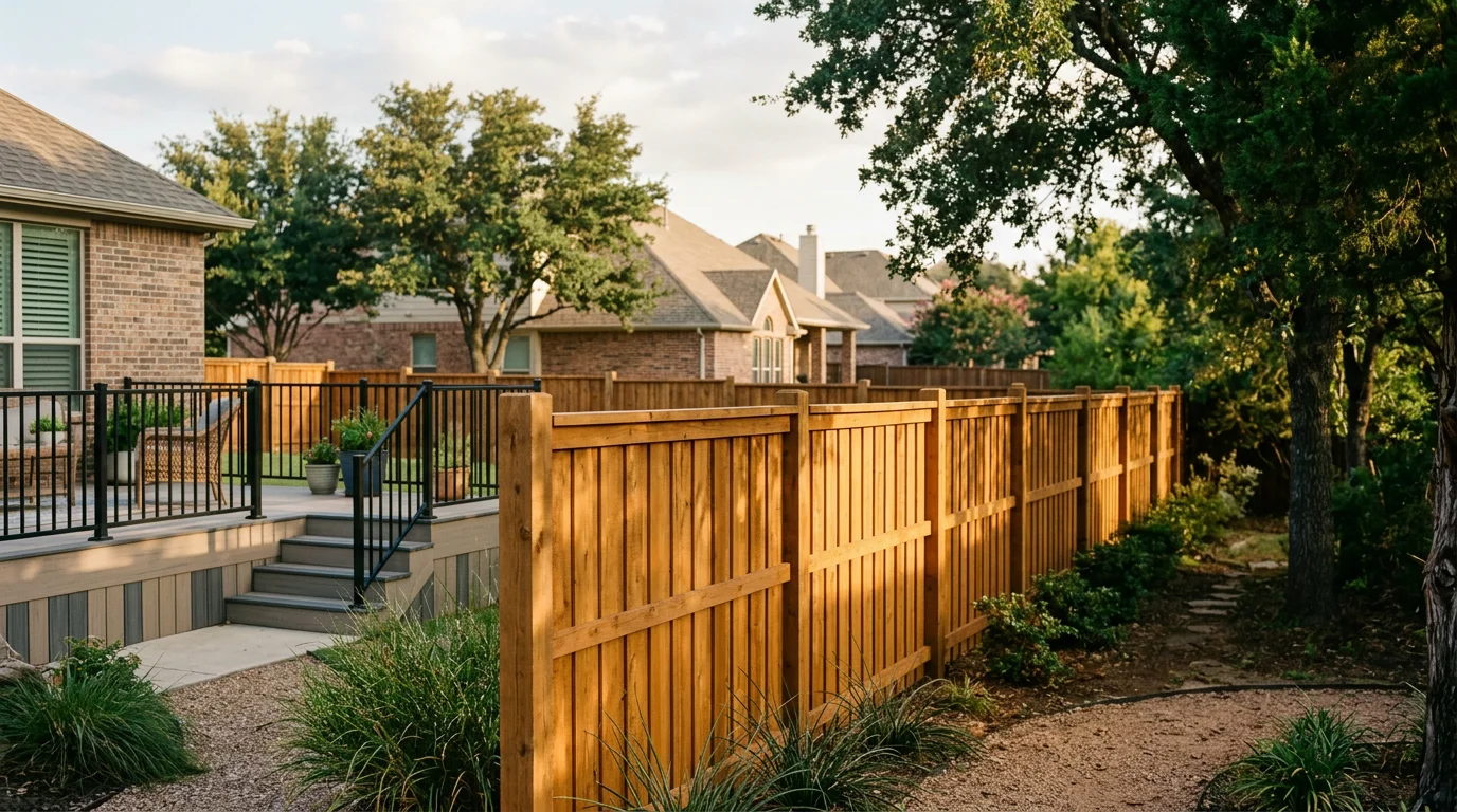 New cedar privacy fence installed along the backyard of a single-family home in a Midlothian, TX subdivision, with a composite deck visible in the background.