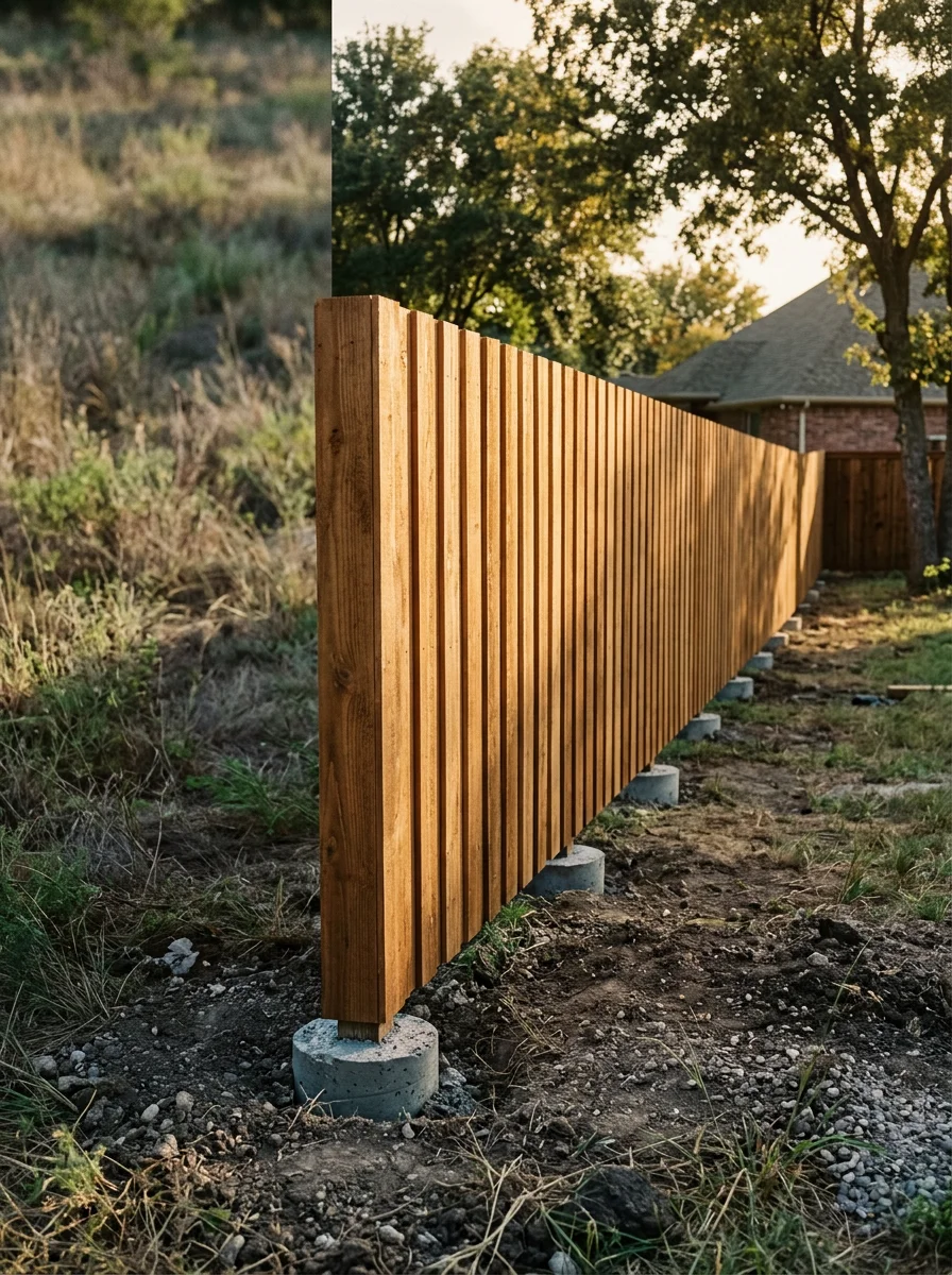 Cedar fence with deep post footings in Ovilla backyard during summer heat