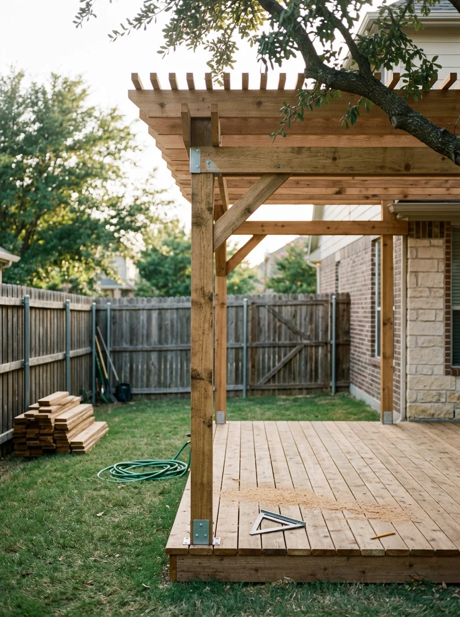 Pergola and patio cover built over a backyard deck in Red Oak, TX