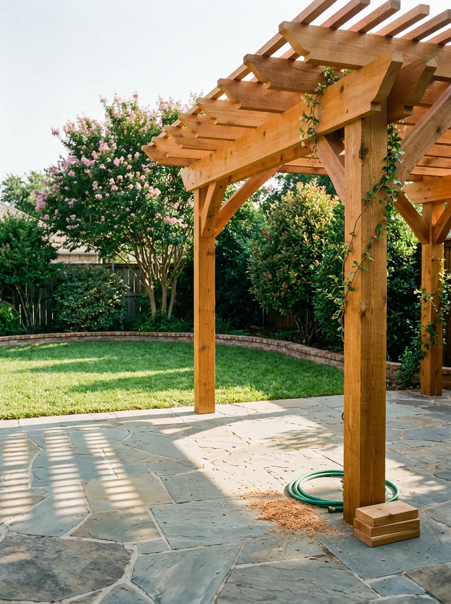 Custom cedar pergola over a patio in a Richardson, TX residential yard