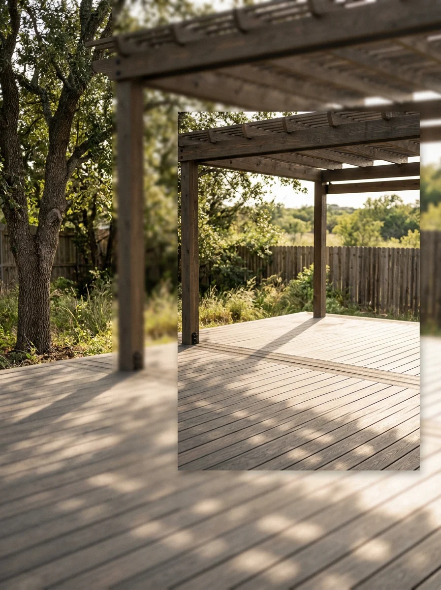 Composite deck and patio in Venus, TX backyard with pergola, showing humidity-resistant materials