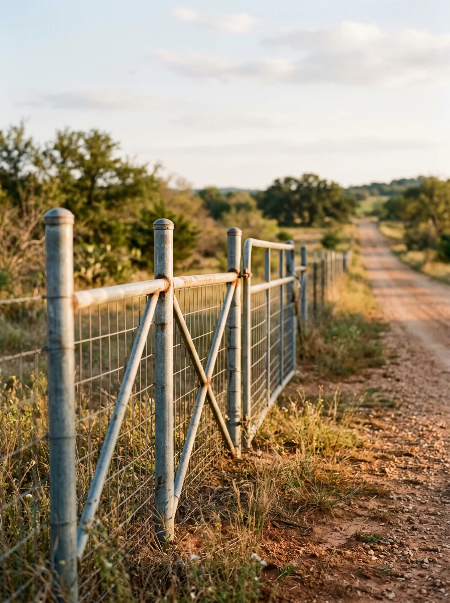 Farm fence with pipe posts running along the perimeter of an acreage property on a county road outside Waxahachie, TX.