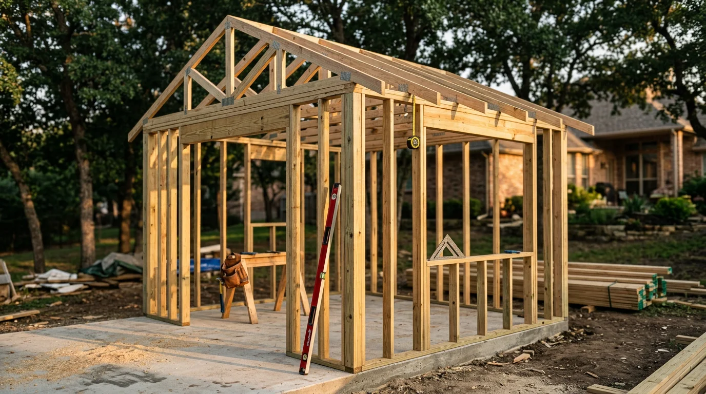 A newly constructed detached accessory building with clean framing and finished exterior siding on a residential lot in Midlothian, Texas. The structure sits in the rear yard behind the main home, surrounded by open Texas landscape.