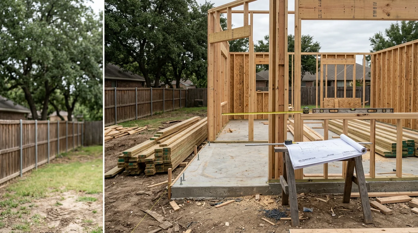 A newly constructed accessory dwelling unit with a covered entry and wood-framed exterior, situated behind a primary home on a residential lot in the Midlothian, TX area. The structure shows clean framing lines and finished siding consistent with the main house.