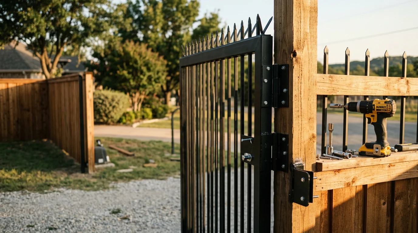 A residential fence in Midlothian, TX fitted with anti-climb security toppers along the top rail, with a reinforced gate latch visible at the entry point. The upgrade is installed on a wood privacy fence bordering a suburban backyard.