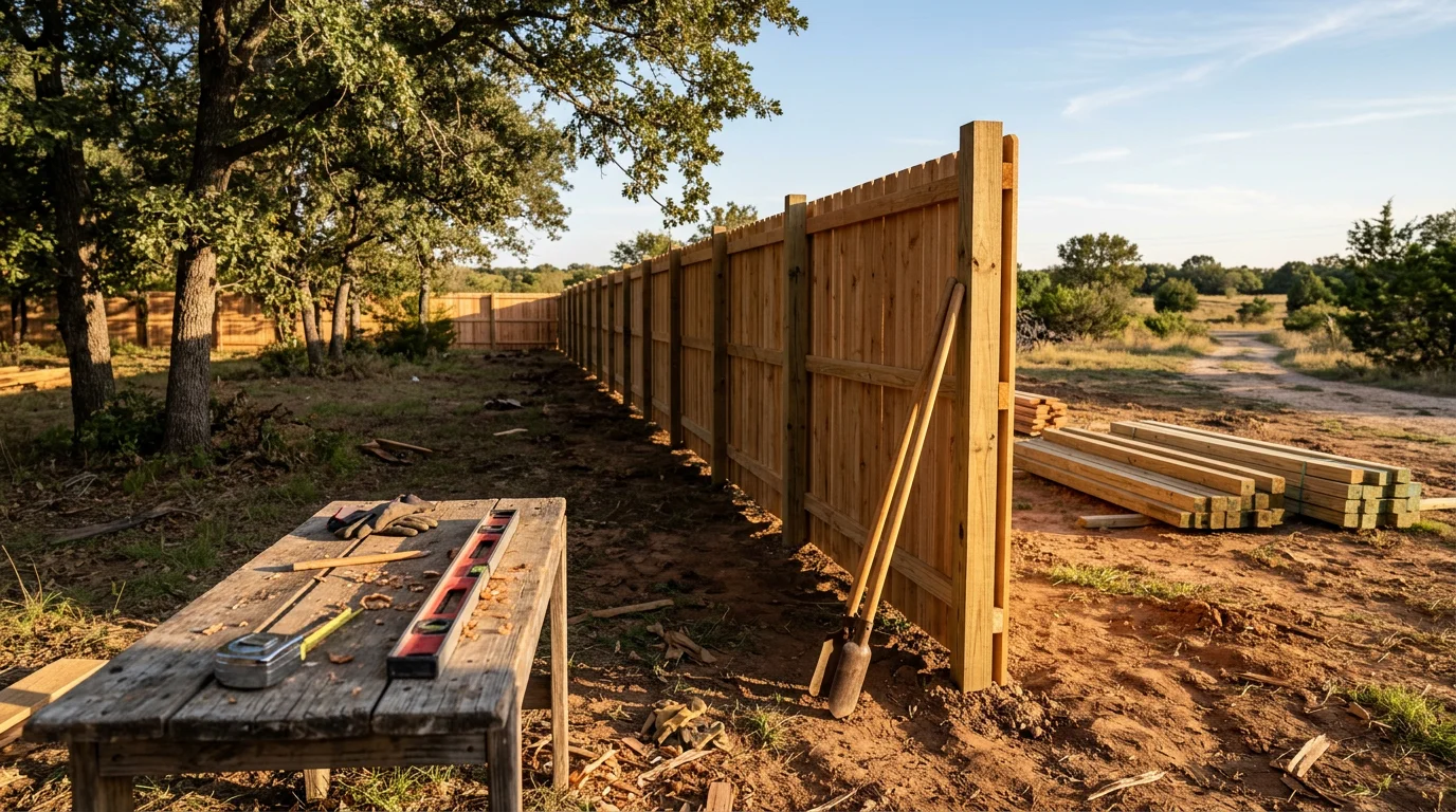 A newly installed cedar privacy fence running along the backyard of a single-family home in a Midlothian, TX residential neighborhood. The fence features clean vertical boards with steel posts set in concrete, with a clear blue Texas sky in the background.