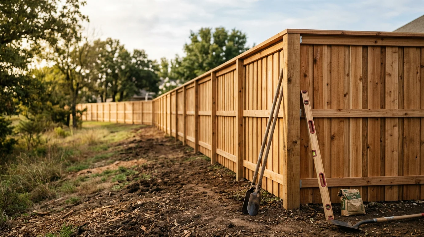 A newly installed wood privacy fence with a custom gate on a residential property in Midlothian, TX. The fence runs along the backyard boundary of a single-family home on a clear Texas day.