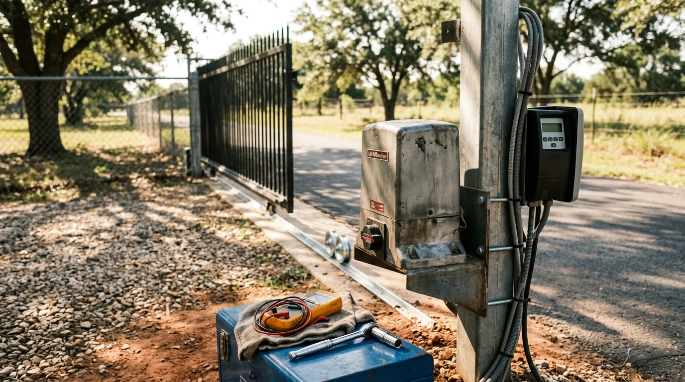 A black metal automatic swing gate installed at a residential driveway in Midlothian, TX, with a keypad access panel mounted on a post beside the gate opening.