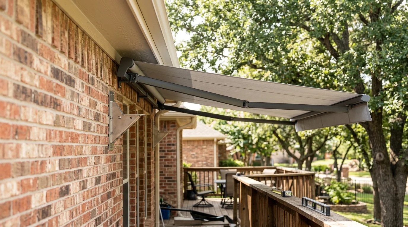 A residential awning installed over a backyard patio in Midlothian, TX, providing full shade coverage on a sunny day. The awning is mounted flush to the home's exterior wall above a wood deck with outdoor seating visible underneath.
