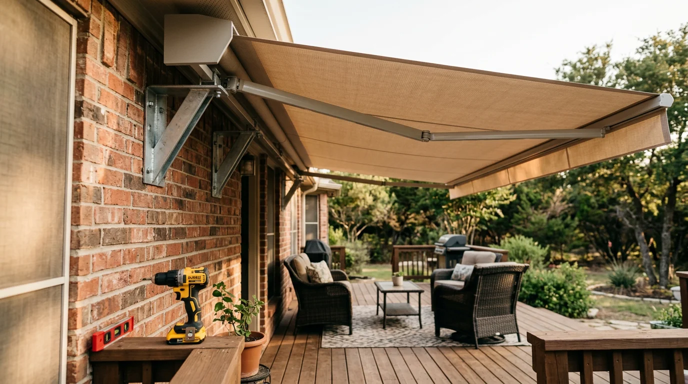 A residential awning installed over a backyard patio in Midlothian, TX, providing shade from the afternoon sun. The awning is securely mounted to the exterior wall of a single-family home with a wood deck below.