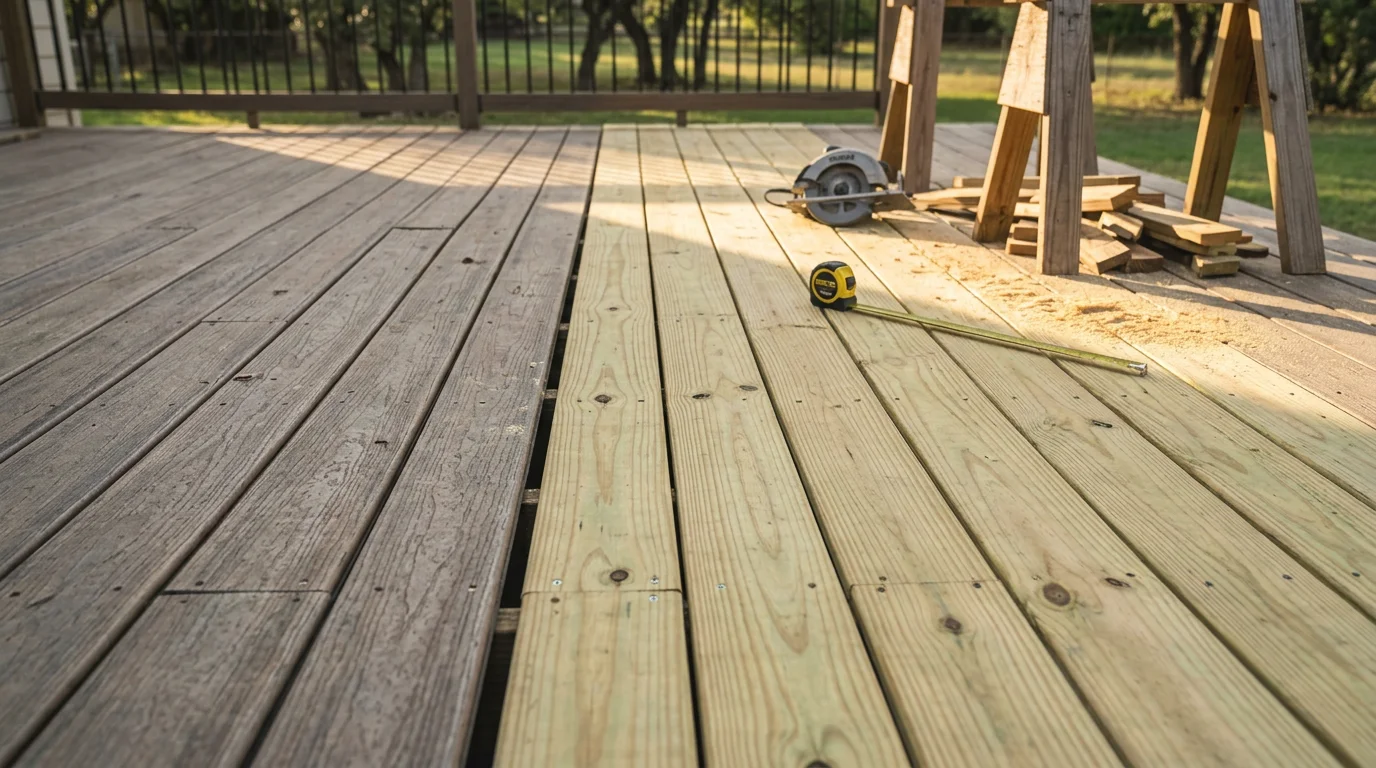 Close-up of a residential deck in Midlothian, TX showing new wood boards installed alongside existing weathered boards during a surface repair. A crew member secures fasteners on the freshly replaced deck planks in a backyard setting.