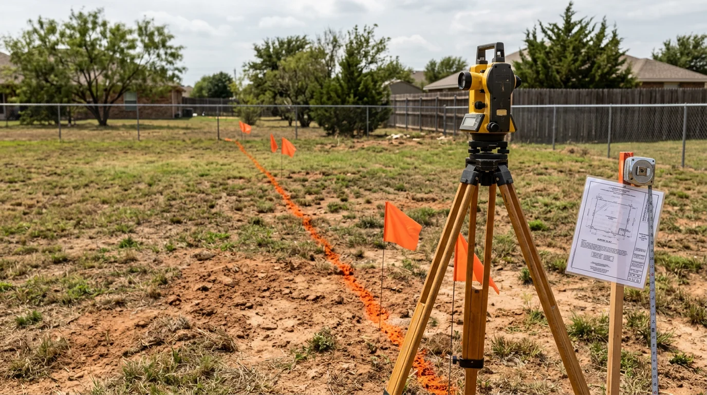 A newly installed boundary fence along a clearly marked residential property line in Midlothian, TX, with precise post placement aligned to the lot edge. The fence separates two adjacent yards in an Ellis County neighborhood with open Texas sky in the background.