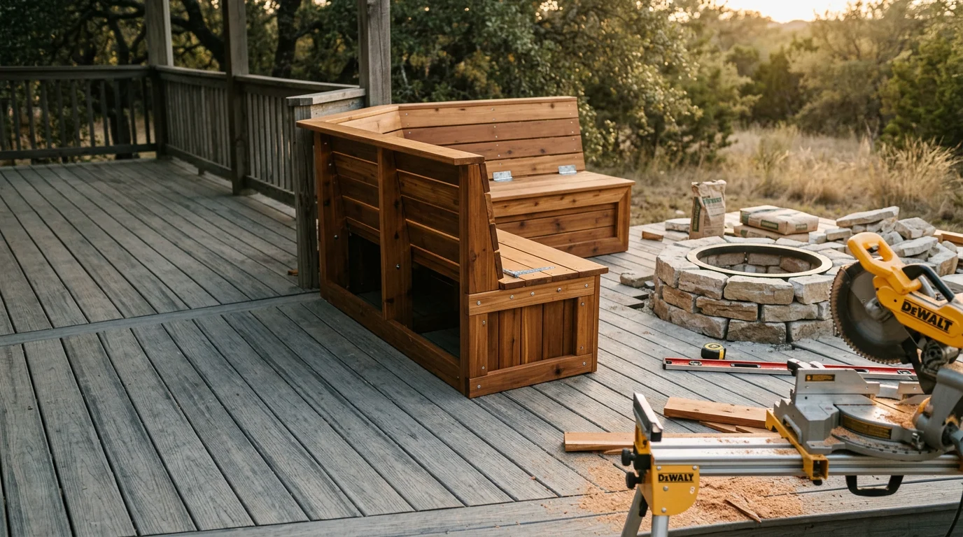 A finished residential deck in Midlothian, TX with built-in bench seating along the perimeter and integrated planter boxes framed into the railing structure. The addition is constructed flush with the existing deck boards, showing a clean and cohesive outdoor living space.