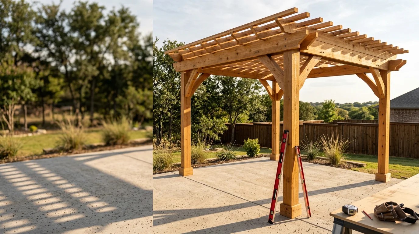 Custom cedar pergola built by P&S Fencing and Decking in a Midlothian, TX backyard, showing open beam construction and natural wood grain over a patio space. The structure provides partial shade while keeping the outdoor area open to airflow.