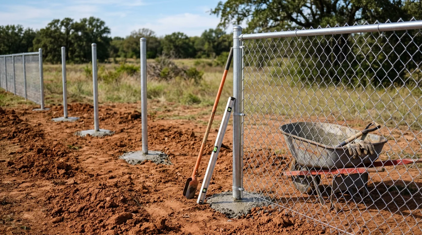 Newly installed chain link fence along the backyard perimeter of a residential property in Midlothian, TX, with concrete post footings visible at the base. Steel mesh panels run the full length of the lot line against a clear Texas sky.