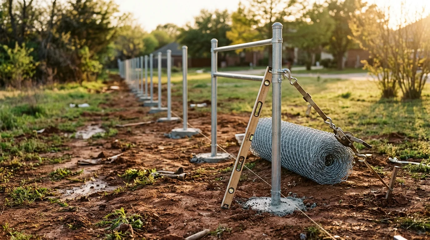 Completed chain link fence installation along the backyard boundary of a residential property in Midlothian, TX. Steel posts are set in concrete footings with galvanized mesh stretched taut between them.