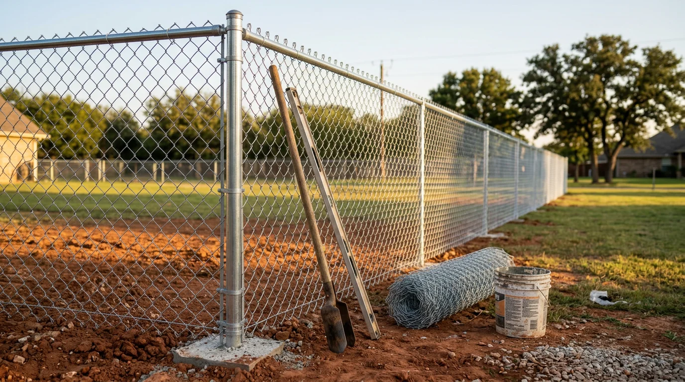 Galvanized chain link fence installed along the backyard perimeter of a residential property in Midlothian, TX. Steel posts are set in concrete with a taut mesh run extending across a large open lot.
