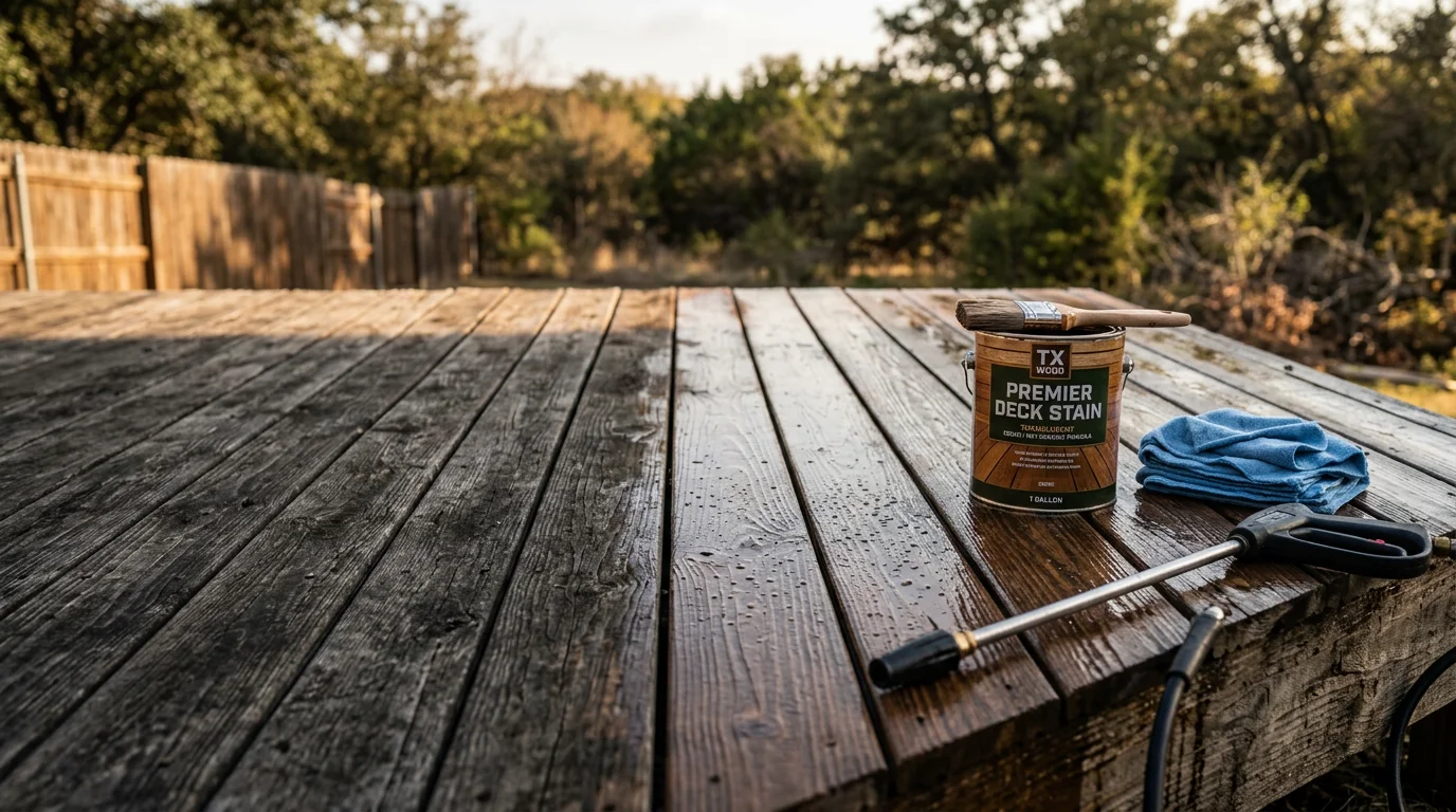 A restored wood deck in Midlothian, TX showing even, rich color after cleaning and finish application. The boards are free of gray weathering and peeling stain, with a clean surface ready for outdoor use.
