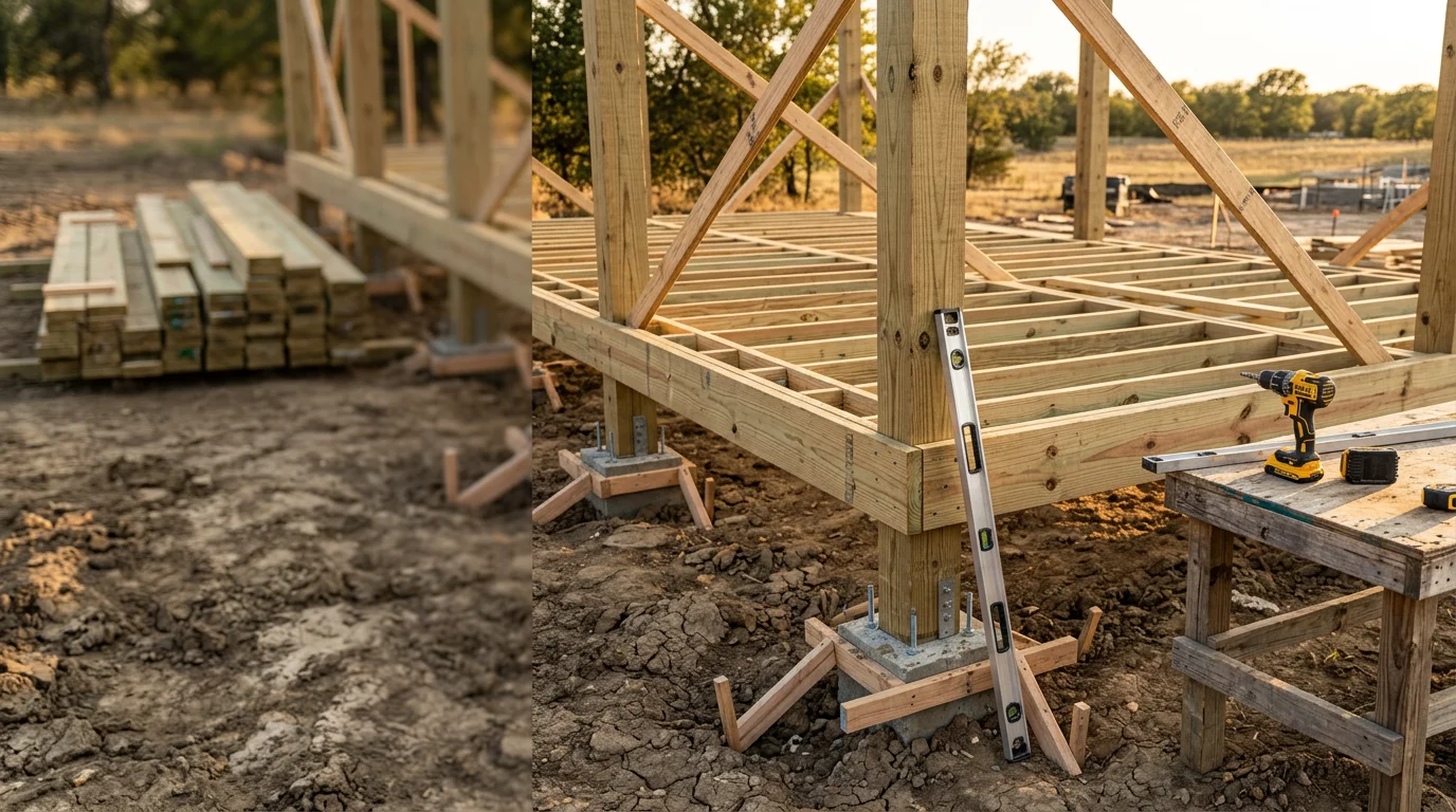 A finished commercial deck structure attached to a business property in Midlothian, TX, featuring heavy-duty framing and a clean surface ready for outdoor seating. The deck is built at grade level with solid post footings visible at the perimeter, set against a clear North Texas sky.