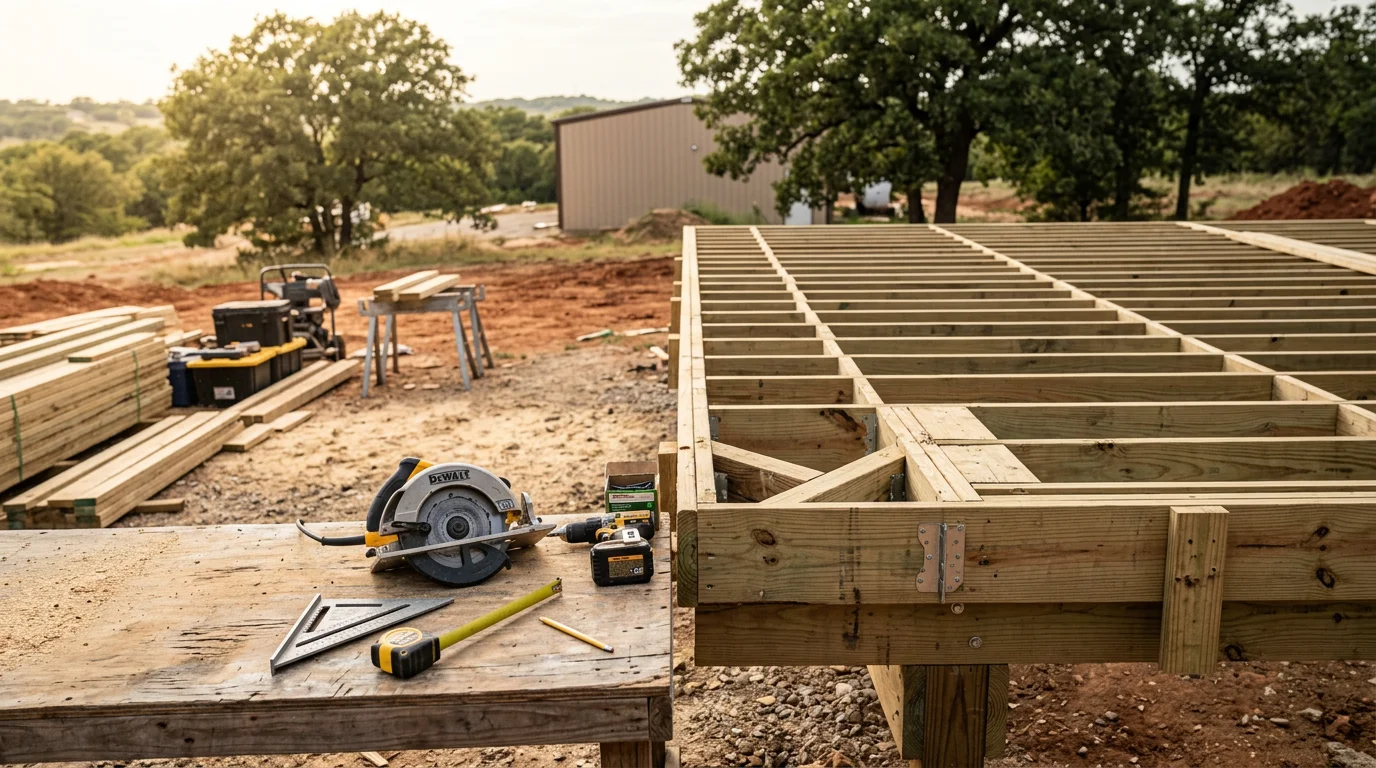 A completed commercial deck structure on a business property in Midlothian, TX, featuring sturdy framing, decking boards, and railings built for high-traffic use. The deck is constructed to withstand North Texas heat and weather conditions.