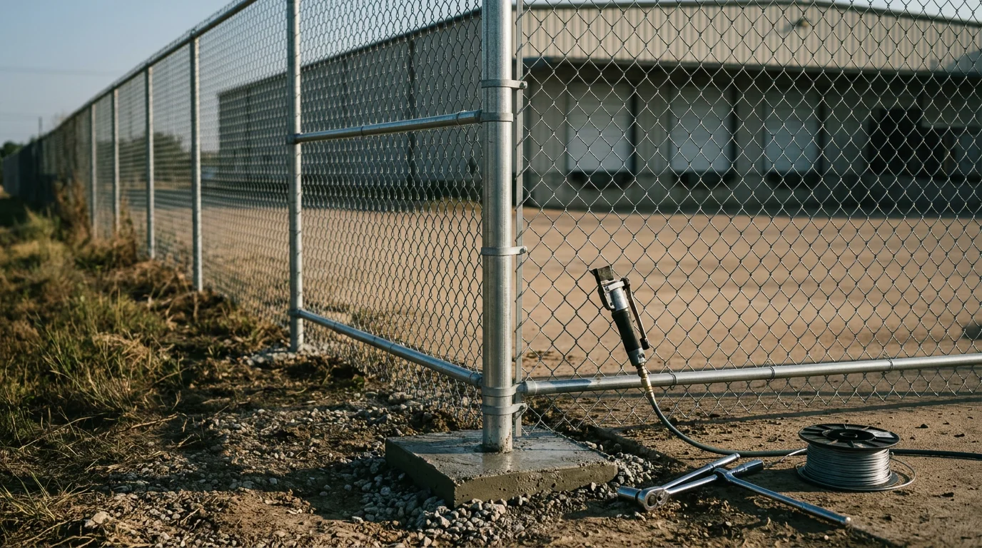 A repaired commercial fence line at a business property in Midlothian, TX, showing straightened posts and restored panels after storm damage. The fence perimeter is secure and visually clean against a North Texas commercial property backdrop.