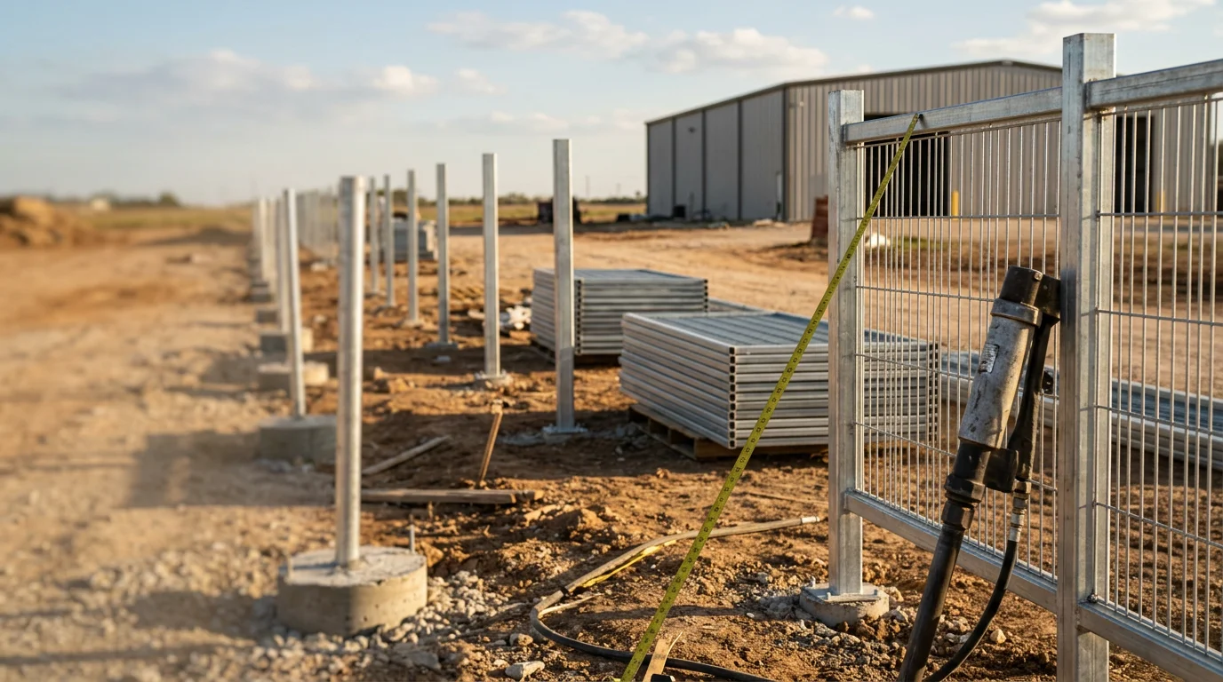 A completed commercial fencing and access gate installation at a business property in Midlothian, TX. The perimeter fence runs along the property boundary with a secure entry gate at the front.