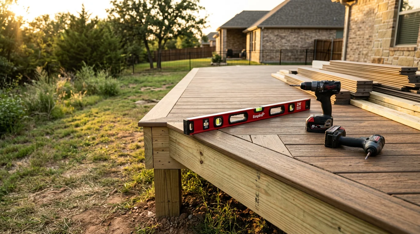 A finished composite deck installed on the back of a residential home in Midlothian, TX, featuring clean board lines, railing, and open space for outdoor seating. The deck surface shows consistent color with no visible warping or fading under bright Texas sunlight.