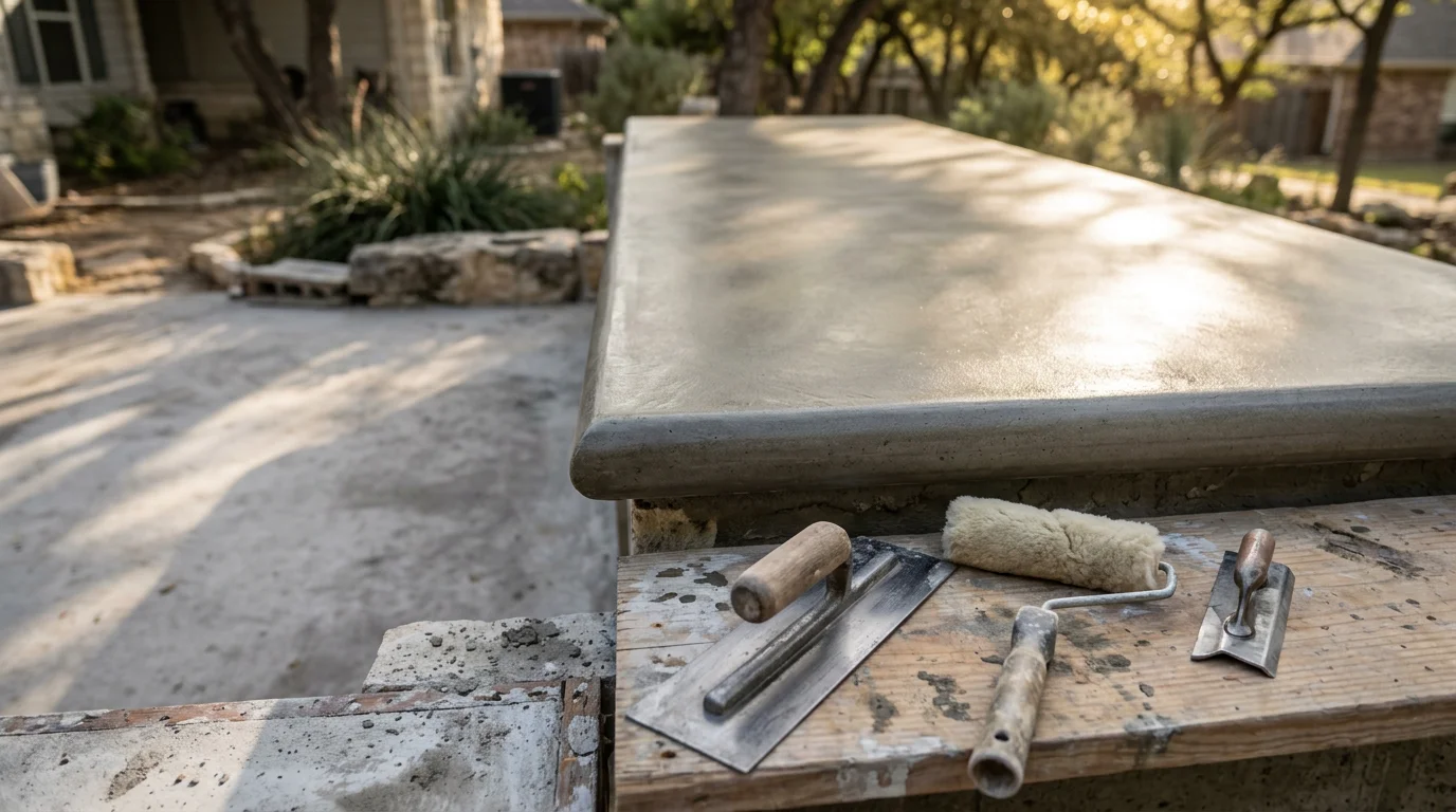 Freshly installed custom concrete countertop in a Midlothian, TX kitchen, showing a smooth sealed surface with clean edges and no grout lines. The countertop wraps around a standard kitchen layout with natural light highlighting the finish.